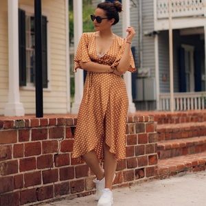 Polka dot wrap dress in mustard